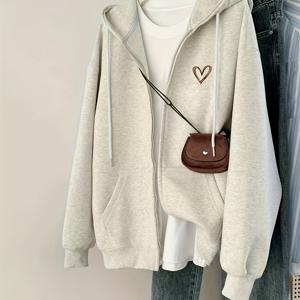 TEMU D90 - 여성용 패션 후드 스웨트셔츠, 다용도 라인 하트 프린트, 심플하고 트렌디한 새로운 지퍼업 스웨트셔츠 - WZH1024