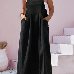 TEMU 플러스 사이즈, 플러스 사이즈 여성용 봄 여름 블랙 오버올 맥시 드레스 - 버튼 스트랩 포켓 루즈핏 데일리 아웃핏, 비치 휴가 및 캐주얼 모임용