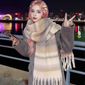 TEMU 가을 겨울, 대비 , 태슬, 고급 스카프, 여성 분위기, 두꺼운 보온, 체크무늬 다용도, 한국식 스카프