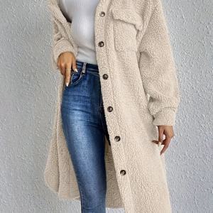 TEMU QD0711026 여성용 프렌치 스타일 드롭 숄더 디테일 플러시 롱 코트