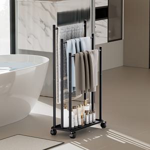TEMU 1개 검정색 독립형 바닥 수건 걸이 (바퀴 포함), 이동식 수납 선반, 3단 다기능 수납 랙, 대용량, 하단 화장품 보관 가능, 상단 수건 걸이, 욕실 수건 걸이, 간편한 조립, 침실/욕실 수납에 적합