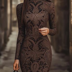 TEMU 2025 가을 신상품 유럽 및 미국 스타일 여성용 라운드 넥 긴소매 프린트 슬림핏 엘레강스 드레스