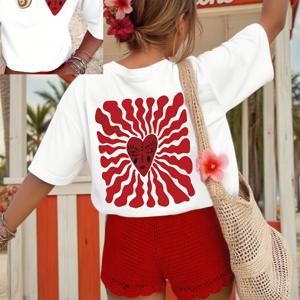 TEMU 2026년 패션 신상 여성 라운드넥 하트 프린트 스타일리시 여름 쿨 반팔 캐주얼 티셔츠