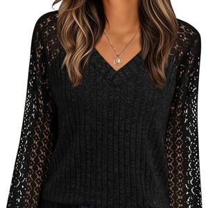 TEMU 여성용 레이스 롱슬리브 셔츠 (가을), V넥 스웨터 (포멀 & 캐주얼), 스타일리시 벨트 장식 겨울 셔츠