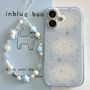 TEMU 휴대폰 케이스 - 클리어 화이트 라이트 단색 화이트 배경 이중 레이어 컬러 그라데이션 별 비즈 체인 아이폰11 12 13 Pro Max 휴대폰 케이스~Hl 화이트 대형 구멍 Imd-화이트-스타242Ps+G40 끈