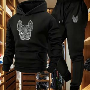 TEMU 남성용 프렌치 불독 그래픽 후드티 & 스웨트팬츠 - 트렌디한 어반 스타일, 포근하고 따뜻하며 편안함, 100% 폴리에스터 섬유 재질, 눈에 띄는 프린트 디자인, 후드, 가을/겨울용 조거 팬츠, 힙합 트랙수트 컬렉션