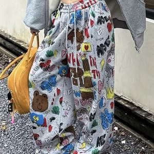 TEMU 여성용 만화 프린트 캐주얼 루즈핏 와이드 레그 팬츠, Y2K 포켓 디자인과 힙합 스타일의 탄성 있는 하이 웨이스트가 특징입니다.