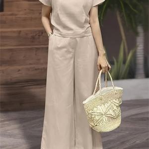 TEMU 여성용 솔리드 컬러 반팔 탑 + 와이드 레그 팬츠 세트 - 완벽한 매치