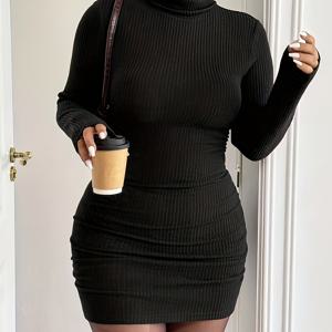 TEMU 플러스 사이즈, 여성용 하이넥 텍스처 원단 블랙 바디콘 롱슬리브 드레스, 다용도 드레스, 데일리웨어 및 출근룩, 봄 가을 겨울 스타일