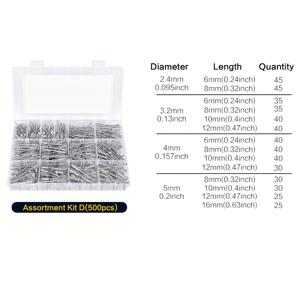 TEMU 100/120/200/500개 팝 리벳 어소트먼트 키트, 14가지 사이즈 알루미늄 블라인드 리벳 (3/32