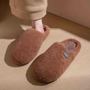 TEMU 남녀공용 심플한 새로운 스타일 안감 포함 두꺼운 플러시 보온 슬리퍼, 가을 겨울용 평평하고 조용한 슬리퍼, 커플용