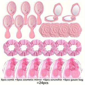 TEMU 여자/남자를 위한 선물, 핑크 헨 파티 용품 24종 세트. 어드벤처 캘린더에 완벽하며, 핑크 빗, 탄성 헤어 밴드, 메이크업 거울, 가방 등이 포함되어 있습니다. 코스튬 및 수면 파티에 적합합니다.