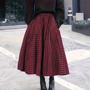 TEMU 레드 앤 블랙 깅엄 하이웨이스트 플리츠 스커트 | 빈티지 영국 스타일, 다양한 행사에 적합, 포켓 디테일로 우아함