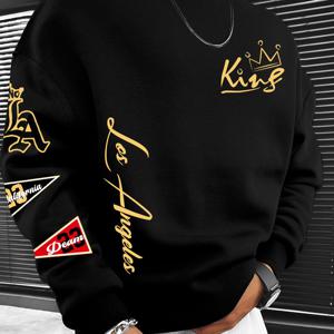 TEMU 라운드넥 스웨트셔츠 (미국 스타일)! 여행 및 트렌디한 의상에 완벽. 세탁기 사용 가능. 예술적인 텍스트 'Los Angeles'와 'King' 요소 포함