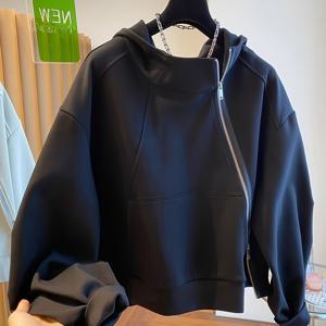 TEMU 유럽 스타일 루즈핏 후드티, 대각선 지퍼 및 스탠드업 칼라 가디건 재킷