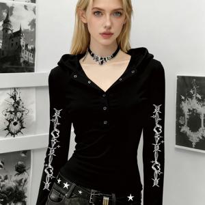 TEMU 봄 신상 고딕 스타일 벨벳 소재 클래식 디자인 탑, 부드러운 텍스처 후드티, 긴 소매 후드 티셔츠