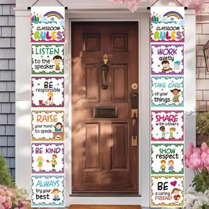 TEMU 교실 규칙 배너 한 쌍, 크기 70.87X11.81인치, 폴리에스터 소재, 문 장식용, 신학기에 적합, 내구성, 전원 불필요, 유치원 문 표지판, 행사 및 파티 용품, 교실 장식