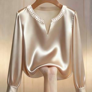 TEMU 여성용 우아한 목걸이 진주 칼라 긴팔 셔츠 - 파티, 출근, 사계절에 적합한 루즈핏 블라우스 | 세탁기 사용 가능한 솔리드 컬러 드레시 탑