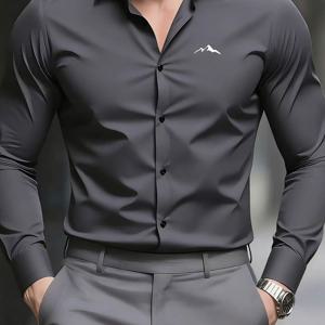 TEMU 남성용 업무용 다림질 필요 없는 긴팔 셔츠, 설산 프린트, 슬림핏 전문가용 정장, 면접 및 출퇴근용 활용도 높은 단색 셔츠