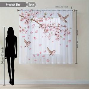 TEMU 2개 세트 벚꽃 새 프린트 홈 데코 시스루 커튼, 로드 포켓 창문 패널, 주방 카페 거실 발코니 정원용 우아한 드레이프
