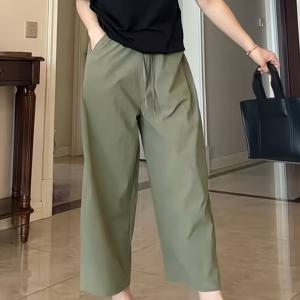 TEMU 아이스 파이버 원단 3/4 와이드 레그 팬츠, 에어컨 바지, 반바지, 여성용 긴 봄/여름/가을 얇은 스타일, 2025년 신상 캐주얼 속건성 슬림 레그 3/4 팬츠, 신축성 허리, 출퇴근용 다용도