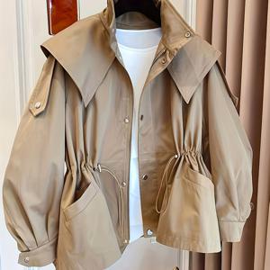 TEMU 여성 봄/가을 긴팔 트렌치 코트, 스탠드 칼라, 단색, 드로스트링 허리, 슬림핏, 후드가 있는 지퍼업 가디건