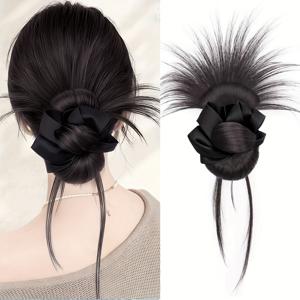 TEMU 클립과 머리끈이 달린 헤어피스 번, 푹신하고 업스타일을 연출하기에 완벽합니다. 브라운-블랙 가발은 외출 및 스타일링에 이상적입니다.