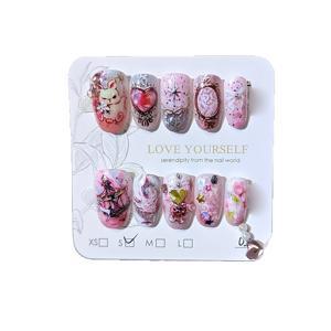 TEMU 눌러붙이는 인조 네일 스티커 10개, 핸드메이드 젤 폴리쉬 착용형 네일 스티커, 수공예 DIY 아크릴 자체 접착식 누르는 네일, 귀여운 토끼 동화 원더랜드 핑크 네일 스티커, 여성용 네일 용품, 네일 팁, 선물용 사이즈 미리 맞춤, 네일