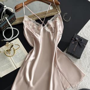 TEMU 우아한 로맨틱 V넥 레이스 장식 슬립 드레스 | 단색, 섹시 스타일, 성인용으로 완벽, 사계절 내내 편안함