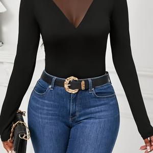 TEMU 여성용 우아한 네트 패널 긴팔 티셔츠 - 고탄력 라운드넥 탑, 가을/겨울 레이어링에 적합, 솔리드 컬러 캐주얼에서 드레시웨어까지, 라인 실루엣