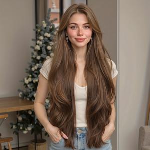 TEMU 32인치 브라운 롱 헤어 사이드 스웨프 뱅, 기계제작 로즈 네트 캡 여성용 가발, 우아한 여신 스타일 가을/겨울용, 직장, 학교, 메이크업, 노메이크업, 할로윈, 일상생활에 적합