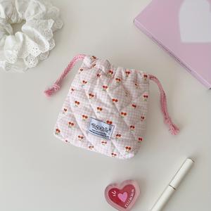 TEMU 체리 드로스트링 파우치 | 귀여운 퀼팅 나일론 수납 가방, 휴대용 여행용, 퇴색 방지, 접이식, 메이크업 보관에 적합, 크리스마스, 할로윈, 발렌타인데이 선물로 완벽