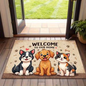 TEMU 1개 튼튼한 만화 강아지 고양이 패턴 미끄럼 방지 현관 매트, 발자국 및 하트 디자인 | 사계절, 실내 및 실외 사용에 적합, 세탁기 사용 가능한 폴리에스터, 크리스마스, 할로윈, 부활절, 발렌타인데이를 위한 반려동물 친화적인 홈 데코