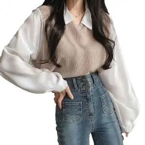 여자 카라 티셔츠 골지 조끼 레이어드 블라우스