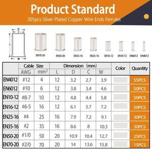 166/305개 와이어 페룰 키트 8가지 크기 은도금 구리 크림프 터미널 커넥터 절연 코드 엔드 슬리브