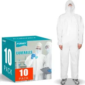 FURWE Hazmat 탄력 있는 손목 발목 후드가 포함된 10팩 일회용 커버롤 수트 4가지 사이즈로 제공