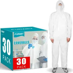 FURWE Hazmat 정장 30팩 일회용 보호 커버롤 탄력 있는 손목 발목 후드를 가진 남녀를 위한 헤비 듀티 전신