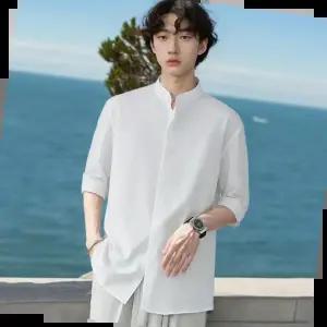 남자링클프리셔츠 남자 깔끔한 여름 헨리넥 차이나카라 루즈핏 찰랑 5부