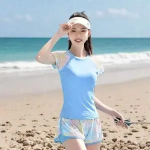 여성 투피스 비키니 수영복 반팔 상의 팬티 세트 휴양지 스타일