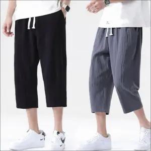 와이드 통바지 여름 밴딩 남자 린넨 반바지 7부팬츠