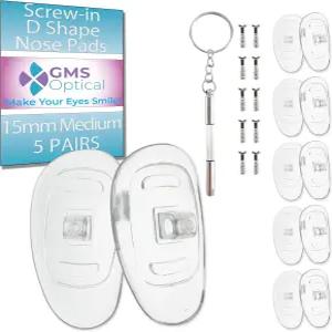 GMS 광학 D자형 나사 삽입 소프트 실리콘 안경 코 패드 - 및 드라이버가 포함된 수리 키트 안경용 미끄럼