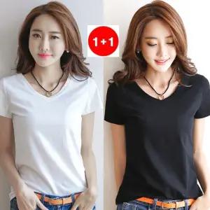 루나버블 (2개-1세트) 무지 블랙 화이트 이너 스판 반팔 티셔츠 95-100 / 55-66 여성 여자 남자 남성 남녀공용 학생 검정 흰색 U넥 V넥 유넥 브이넥 라운드 브이 이너반팔티