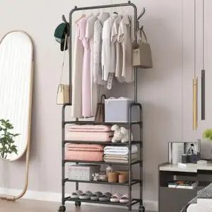 선반 일체형 원목 가방 옷걸이 스탠드 183cm 모자 행거 5단 블랙 이동식