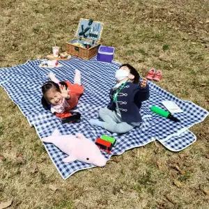 P1 체크무늬 방수 피크닉 매트 블루 중형