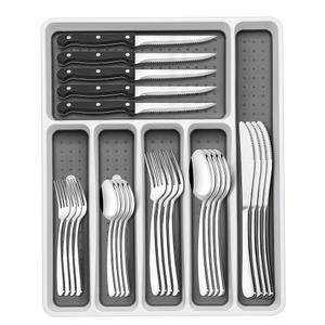 정리함이 있는 49피스 실버웨어 세트, 8인용 헤비 듀티 스테인리스 스틸 플랫웨어 스테이크 나이프가 식기 녹슬지 않음, 거울 광택, 식기세척기 안전,