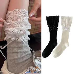 루나 여성 발레 레이스 리본 중목 양말