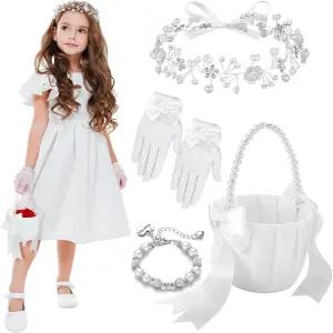 라이스샷 4팩 플라워 걸 바구니 세트 주얼리 결혼 액세서리 헤드밴드 팔찌 장갑 (클래식)