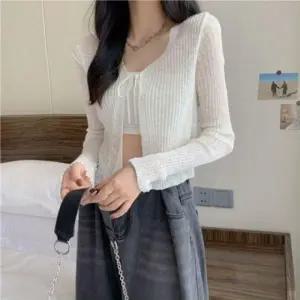 패션스타일 시스루 여성 가디건 여름 여리여리 리본 사무실