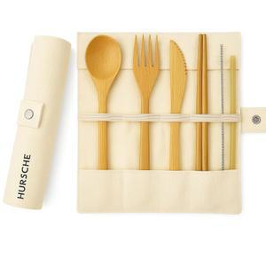 허쉬 대나무 식기 세트 케이스 u2013 재사용 가능한 여행용 및 나무 포크, 숟가락, 나이프, 젓가락, 빨대 제로 웨이스트 도시락 필수품 포함 휴대용 키트 작업, 캠핑, 피크닉