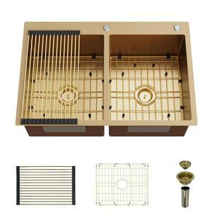 골드 50/50 더블 볼 주방 싱크대 33 x 22 스테인리스 스틸 톤 액세서리가 포함된 탑마운트 랙 그리드 및 배수 어셈블리가 현대적인 주방을 위한 외관을